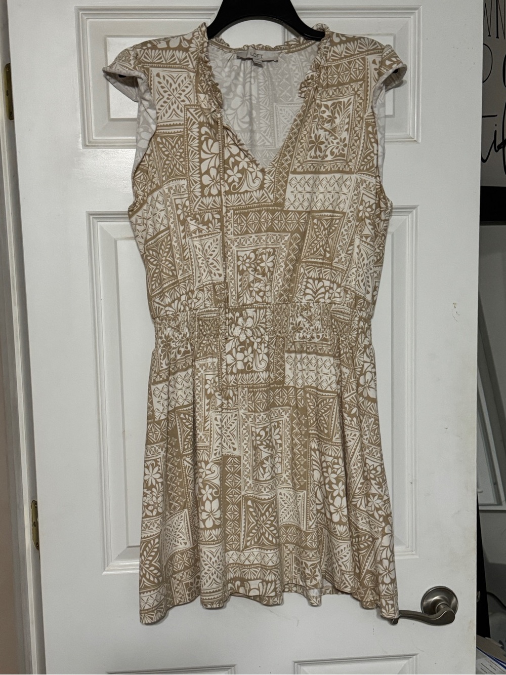 LOFT Cream and Beige Printed Cap-Sleeve Mini Dress